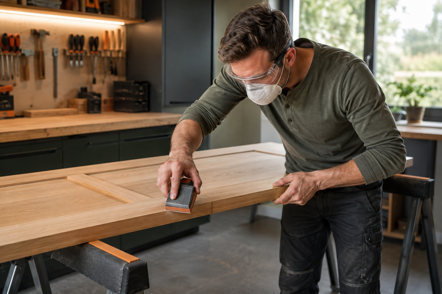Klusser die een klemmende houten deur schuurt